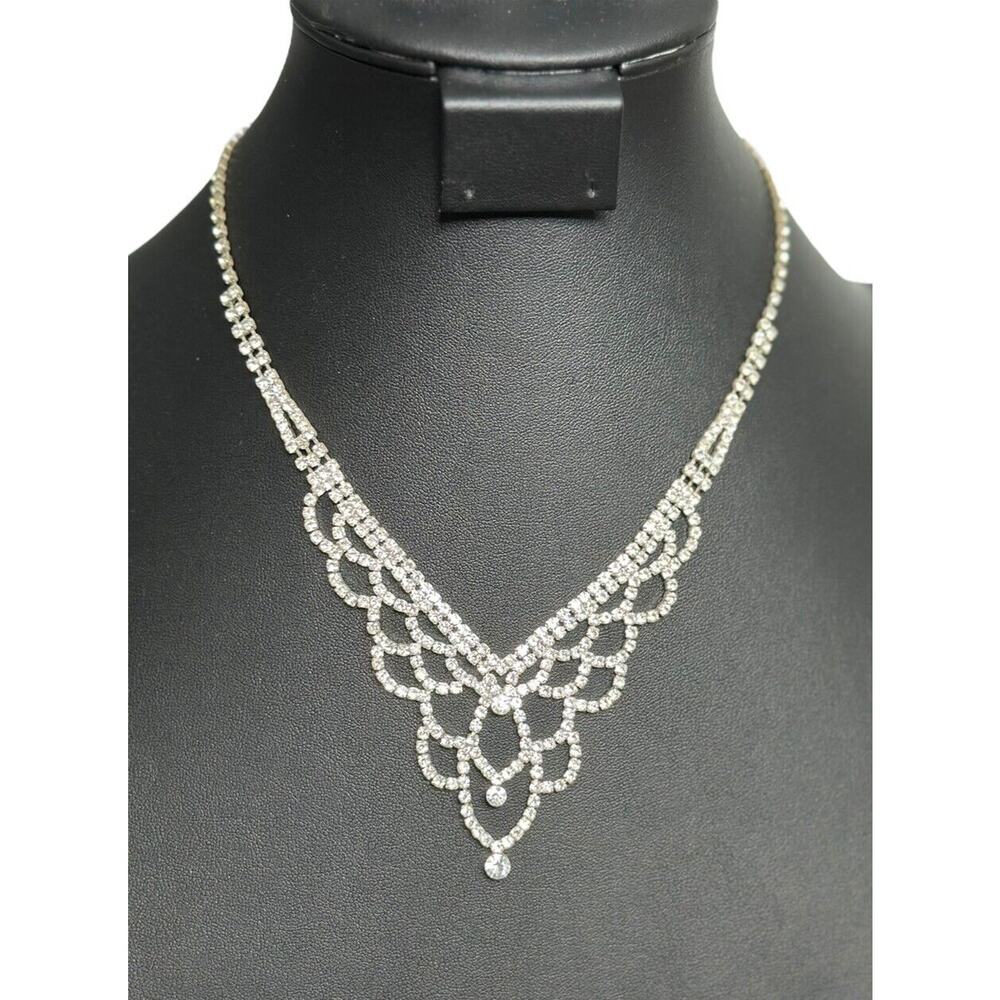 3PC Bridal Set Silver Tone Luxurious Rhinestone Statement Necklace Earrings